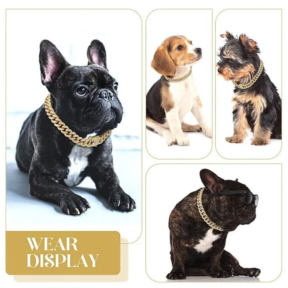 Pet Dog Cat Metal Gold Chain Diamond Cuban Link Collar Luxury Necklace Bling 12